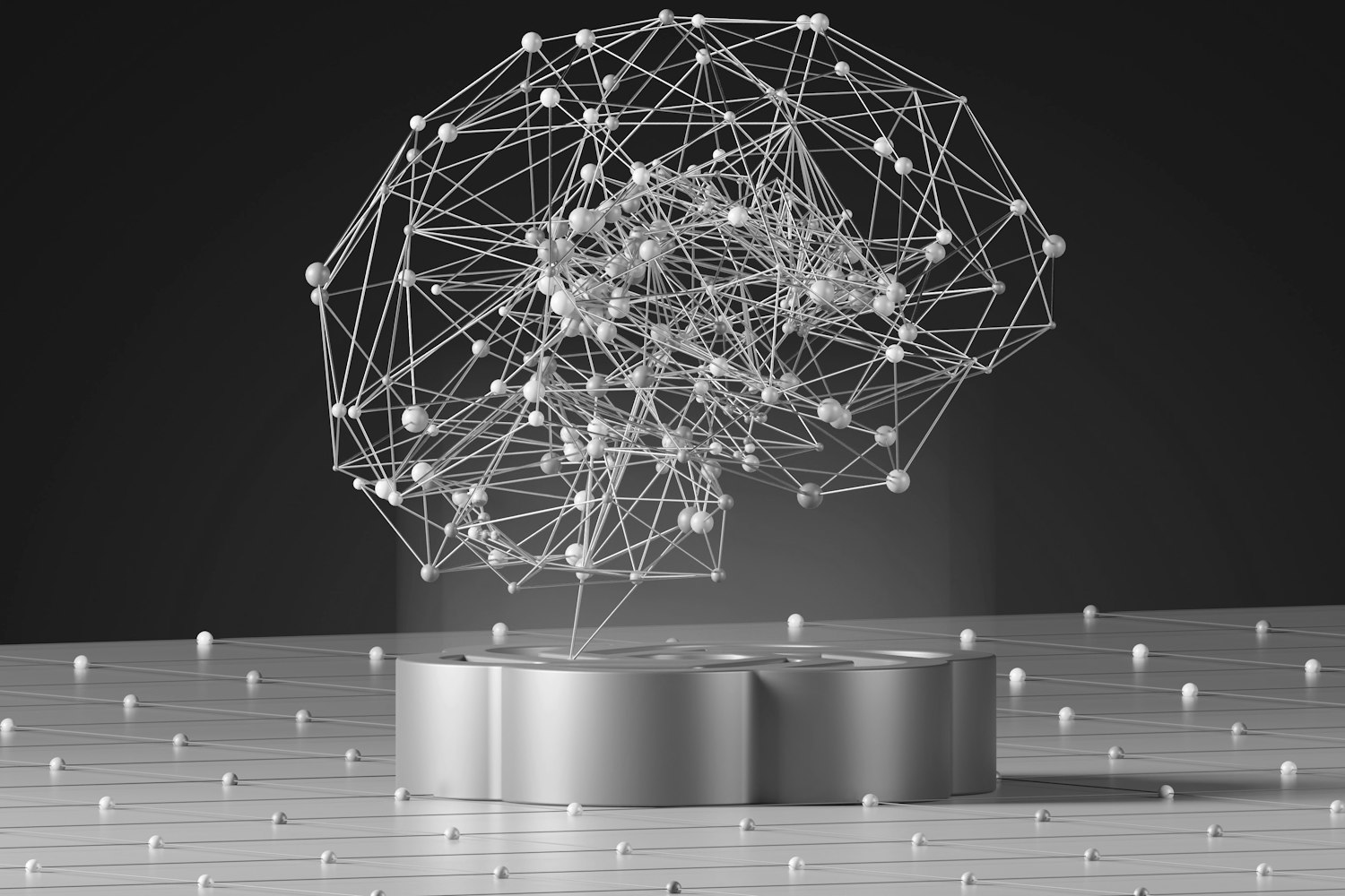 A wireframe model of a brain, in black and white
