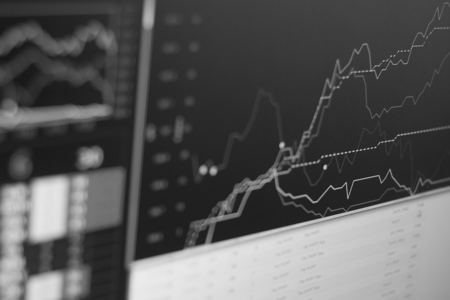 Market charts on a trading monitor, in black and white